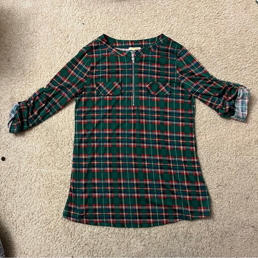 Baikea Women's Size large Green Plaid 3/4 Rolled Sleeve Zipped V Neck Tunic